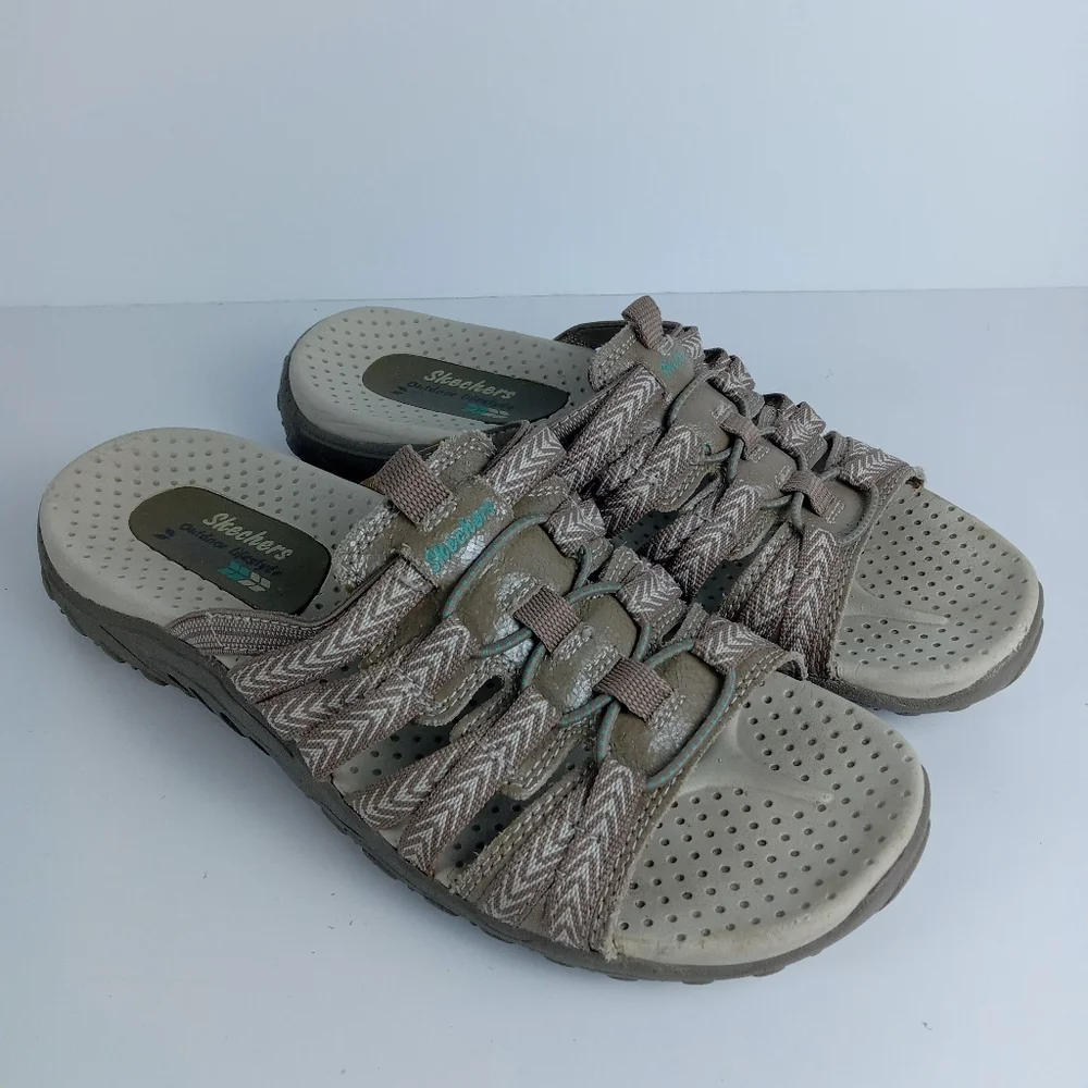 Skechers Reggae Repetition Slides Womens 7 Beige Taupe Slip On Athletic Sandals